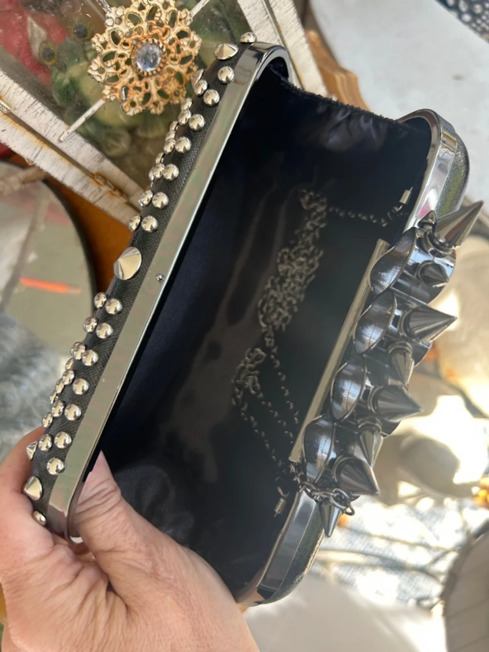 Black Studded Spike Knuckle Ring Bag